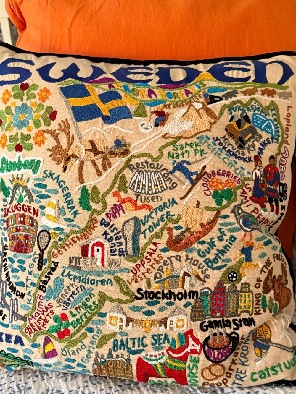 Embroidered Sweden highlights on organic cotton, 20” square pillow cover